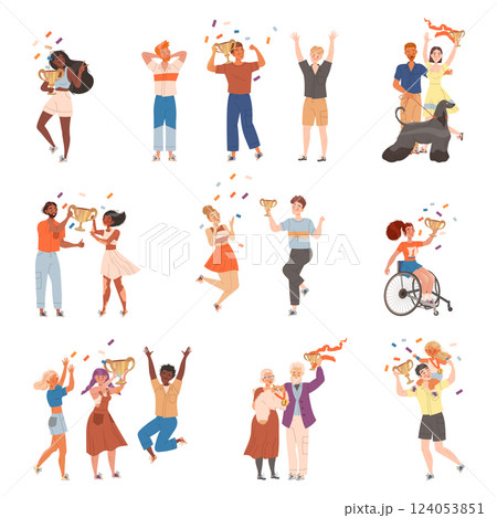 Happy People Winner Character with Cup and Prize Vector Set Happy People Winner Character with Cup and Prize Vector Set 124053851