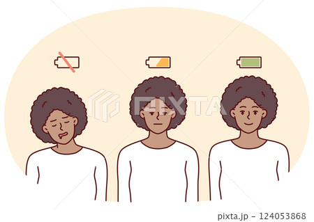 Woman with different battery levels for concept of difference between human mental state Woman with different battery levels for concept of difference between human mental state 124053868