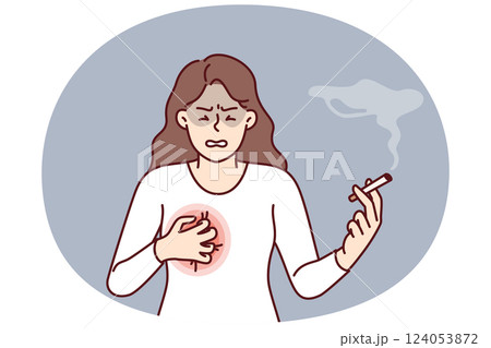 Woman smokes with heart condition needs give up cigarettes and tobacco to avoid dying from cancer 124053872