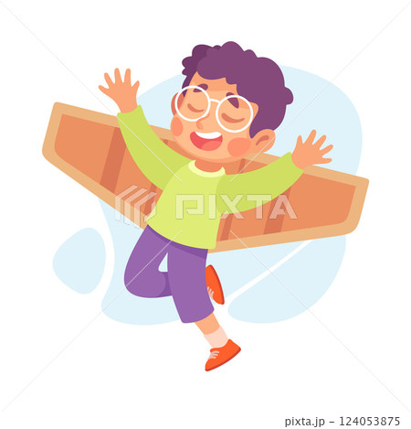 Wings with Boy Character Pretend Flying Vector Illustration 124053875