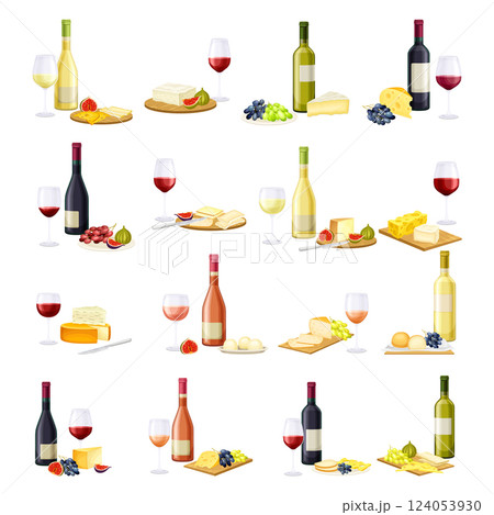 Wine Bottle with Cheese and Berry Vector Set 124053930