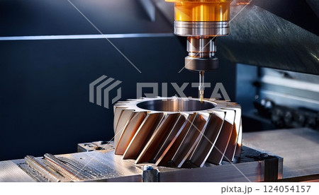 CNC milling machine processing on steel with cooling CNC milling machine processing on steel with cooling 124054157