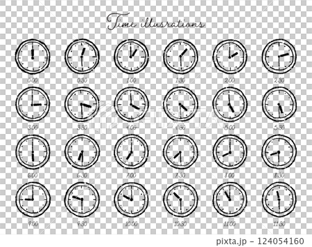 ラフなペンで手描きした30分ごとの時計のベクターイラストセット(モノクロ線画) ラフなペンで手描きした30分ごとの時計のベクターイラストセット(モノクロ線画) 124054160