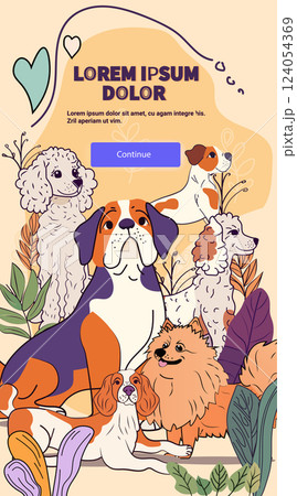 Dogs together playful scene with various breeds surrounded by leaves and abstract shapes in soft colors pet companionship website design template 124054369