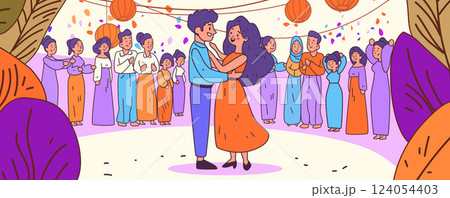 Dancing couple celebration party people gathering festive atmosphere colorful lanterns confetti diverse group vibrant colors joyful event decorative elements 124054403