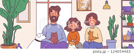 Family togetherness cozy home scene people sitting happily with pets surrounded by plants warm colors interior design elements digital art 124054483