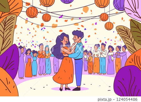 Dancing couple celebration joyful gathering colorful crowd festive atmosphere lanterns leaves decorative design template 124054486