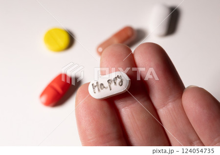 A pill for mental health in a person's hand 124054735