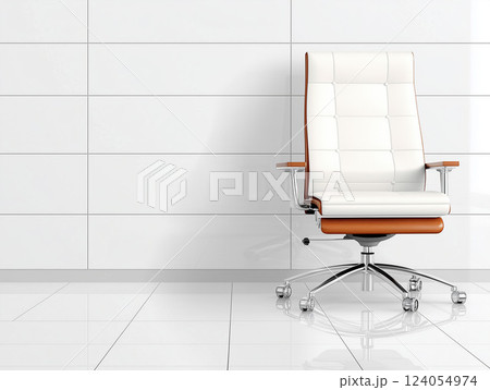modern luxury office chair with white leather upholstery, wooden armrests, and a chrome base on casters. The minimalist workspace features a clean white tiled wall and glossy flooring. 124054974