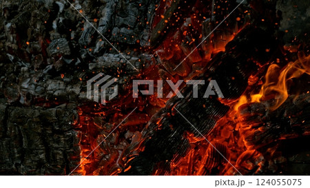 Close-up of Hot Embers with Flying Sparks . Concept of heating grills or ovens 124055075
