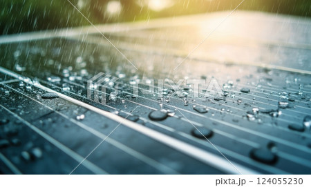 Rain washing dust off a solar panel, close-up of water droplets and streaks. Dusty solar panels 124055230