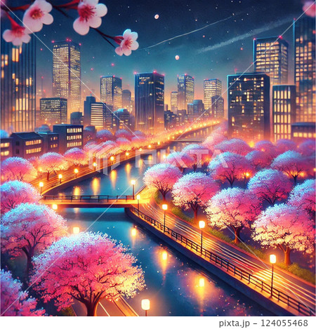 夜桜に染まる街。ビル群と川沿いの桜が灯りに映える幻想夜景。 夜桜に染まる街。ビル群と川沿いの桜が灯りに映える幻想夜景。 124055468