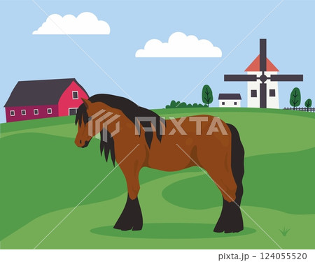Cartoon countryside landscape. Horse grazing in meadow. Village barn house and windmill. Purebred stallion. Ranch grazeland panorama. Farming animal. Domestic mammal. Vector rural scenery 124055520