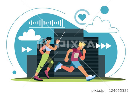 People running. Sport training. Man and woman jogging. Athletic marathon. Healthy lifestyle. Heartbeat monitoring. Sprinters workout in park. Fitness track. Summer nature. Vector concept People running. Sport training. Man and woman jogging. Athletic marathon. Healthy lifestyle. Heartbeat monitoring. Sprinters workout in park. Fitness track. Summer nature. Vector concept 124055523