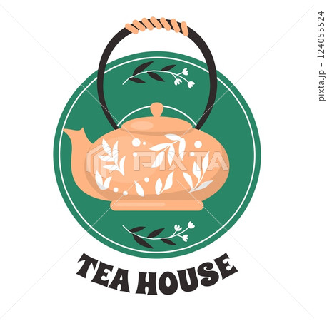 Tea House. Kettle with leaves pattern. Ceramic tableware, hot beverage, porcelain herbal aroma drink. Traditional pottery, kitchen utensil emblem. Vector cartoon flat isolated illustration Tea House. Kettle with leaves pattern. Ceramic tableware, hot beverage, porcelain herbal aroma drink. Traditional pottery, kitchen utensil emblem. Vector cartoon flat isolated illustration 124055524