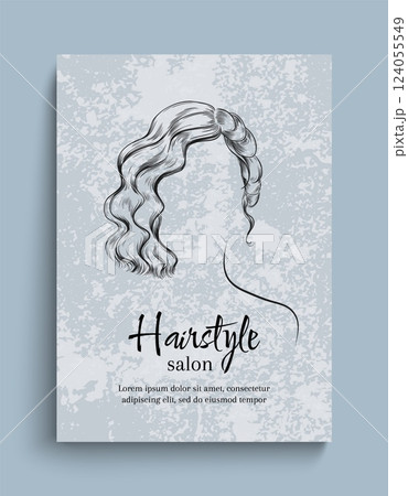 Hair sketch. Hairstyle salon. Female head. Woman haircut. Beauty treatment shop. Cosmetic spa service. Marketing promotion flyer engraving design. Vector hairdressing banner template Hair sketch. Hairstyle salon. Female head. Woman haircut. Beauty treatment shop. Cosmetic spa service. Marketing promotion flyer engraving design. Vector hairdressing banner template 124055549
