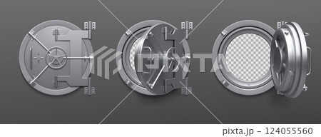 Bank vault. Safe door. Open round money bunker locker. Circle doorway. 3D metal room lock. Banking mechanism for gold safety. Stainless steel wheel. Vector realistic depositories set 124055560