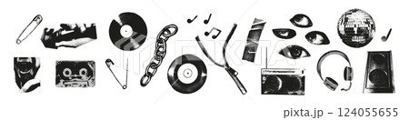 Halftone stipple music elements set. Vinyl record, mouth with microphone, cassette, speaker, radio, eyes, chain. Grunge punk dotted texture for y2k collage design. Retro photocopy vector illustration Halftone stipple music elements set. Vinyl record, mouth with microphone, cassette, speaker, radio, eyes, chain. Grunge punk dotted texture for y2k collage design. Retro photocopy vector illustration 124055655