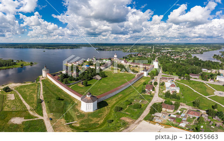 Aerial top view of ancient Kirillo Belozersky Monastery, fortress and lake Siverskoye on sunny summer day. Panoramic view to Church of the Transfiguration. Holy places, Kirillov, Vologda region Russia Aerial top view of ancient Kirillo Belozersky Monastery, fortress and lake Siverskoye on sunny summer day. Panoramic view to Church of the Transfiguration. Holy places, Kirillov, Vologda region Russia 124055663