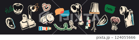 Trendy halftone collage elements set. Paper clipping shapes, old vintage wired phone with coiled cord, hand, ear, mouths, speech bubbles and doodles. Modern retro mixed media vector illustration 124055666
