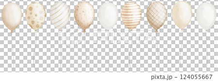 Watercolor illustration of a Balloon border with vintage pastel designs with various patterns. drawing of frame for party greeting cards or childish Birthday invitations. Art for celebration. 124055667