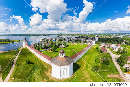 Aerial top view of ancient Kirillo Belozersky Monastery, fortress and lake Siverskoye on sunny summer day. Panoramic view to Church of the Transfiguration. Holy places, Kirillov, Vologda region Russia 124055669