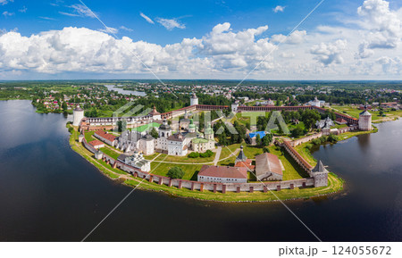 Aerial top view of ancient Kirillo Belozersky Monastery, fortress and lake Siverskoye on sunny summer day. Panoramic view to Church of the Transfiguration. Holy places, Kirillov, Vologda region Russia Aerial top view of ancient Kirillo Belozersky Monastery, fortress and lake Siverskoye on sunny summer day. Panoramic view to Church of the Transfiguration. Holy places, Kirillov, Vologda region Russia 124055672