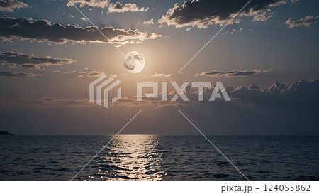 満月と静かな夜の海｜Full Moon Over a Tranquil Night Ocean	 124055862
