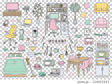 暮らしを彩る家具・家電・食器のイラストセット 新生活応援 線画 暮らしを彩る家具・家電・食器のイラストセット 新生活応援 線画 124055935