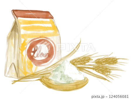 パンなどの素材に多用途な小麦粉と小麦の水彩イラスト 124056081
