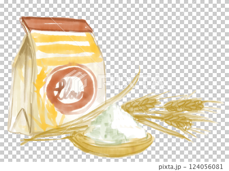 Watercolor illustration of flour and wheat, versatile ingredients for bread and other uses 124056081