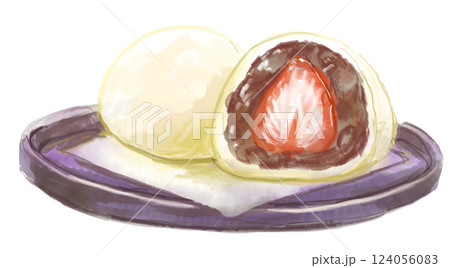 甘くて美味しそうな和菓子、苺大福の水彩イラスト 124056083