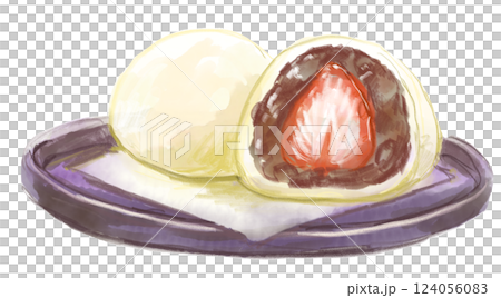 甘くて美味しそうな和菓子、苺大福の水彩イラスト 124056083