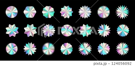 Iridescent holographic foil starburst stickers set. Tags collection for price, sale, discount. Trendy y2k pastel rainbow colored holo star burst. Vector illustration isolated on black background 124056092