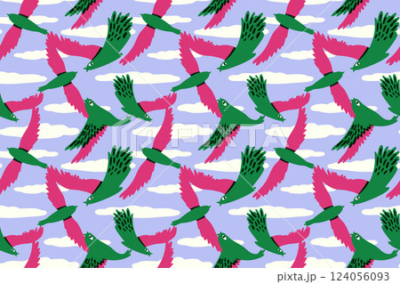 Green and pink parrots flying among clouds funny seamless pattern. Flock of vibrant birds flying in the sky. Hand drawn modern vector illustration 124056093