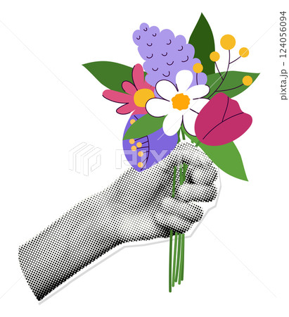 Halftone hand holding bouquet of doodle flowers art collage element. Trendy modern retro sticker for Women's day, Mother's day, Birthday. Vector illustration isolated on transparent background 124056094