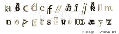 Collage font, monochrome black and white anonymous lowercase letters cut out, ransom note style alphabet paper clipping stickers. Grunge punk vector illustration on transparent background  124056104