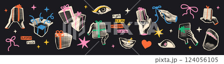 Gift boxes halftone art collage cut outs set. Various paper clipping shapes, hands holding presents stickers with vintage dotted texture and doodles Modern retro grunge mixed media vector illustration 124056105