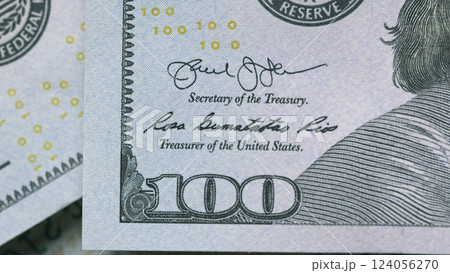 Detailed CloseUp Analysis of the US 100 Dollar Bill Featuring Signature and Intricate Details Detailed CloseUp Analysis of the US 100 Dollar Bill Featuring Signature and Intricate Details 124056270