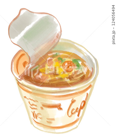 美味しそうなインスタントカップ麺の水彩イラスト 美味しそうなインスタントカップ麺の水彩イラスト 124056494