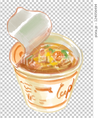 美味しそうなインスタントカップ麺の水彩イラスト 美味しそうなインスタントカップ麺の水彩イラスト 124056494