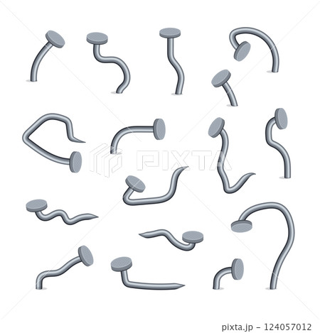 Cartoon Color Different Bent Nails Set Concept Flat Design Style. Vector illustration of Hammered Benting Nail 124057012