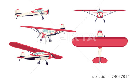 Cartoon Color Different Propeller Planes Set Concept Flat Design Style. Vector illustration of Farm Airplane for Spraying Meadows and Fields 124057014