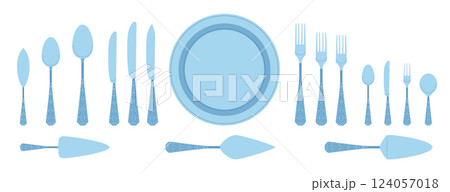 Cartoon Color Different Fancy Silver Cutlery Set with Table Knife, Spoon and Plate Concept Flat Design Style. Vector illustration 124057018