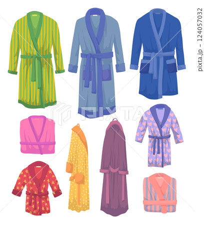 Cartoon Color Different Bathrobe Set Isolated on a White Background Concept Flat Design Style. Vector illustration Cartoon Color Different Bathrobe Set Isolated on a White Background Concept Flat Design Style. Vector illustration 124057032