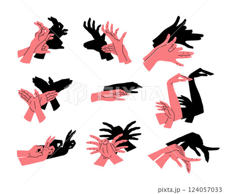 Cartoon Color Different Hand Shadow Puppets Set Concept Flat Design Style. Vector illustration of Hands Creating Various Shapes 124057033