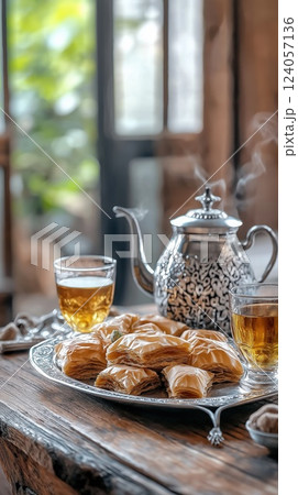 Silver teapot with two glasses and flaky baklava 124057136