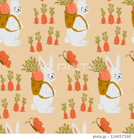Seamless pattern with white rabbits and carrots 124057198