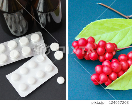 Natural vitamins or tablets. Berries of red ripe schisandra or medicinal preparations 124057208
