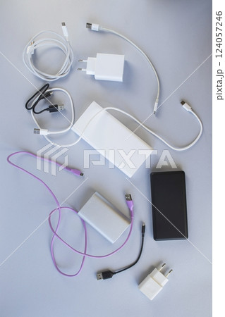 Power bank, external battery and USB cable, universal mobile battery for recharging gadgets 124057246